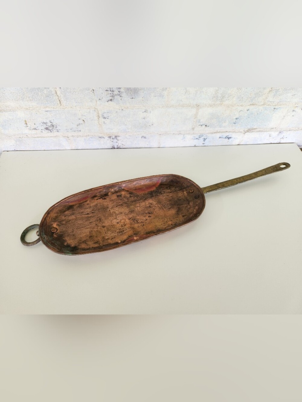Antique French Style Copper Fish Fry Pan w/ Brass Hand Forged Handle- Primitive